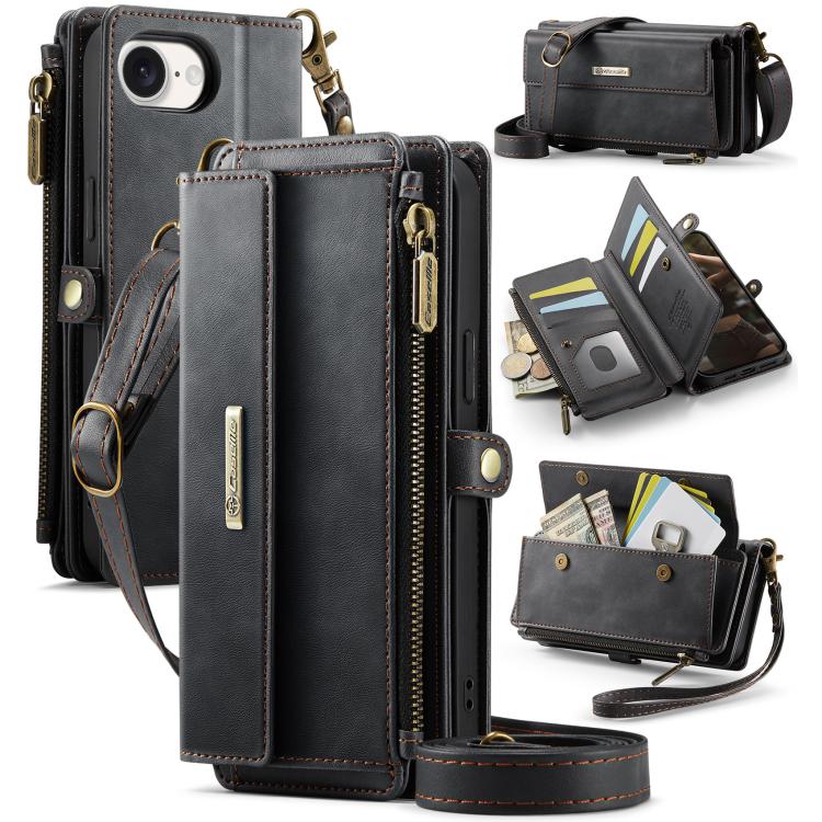 

For iPhone 16e CaseMe C39 RFID Blocking Zipper Wallet Leather Phone Case with Crossbody Strap(Black)