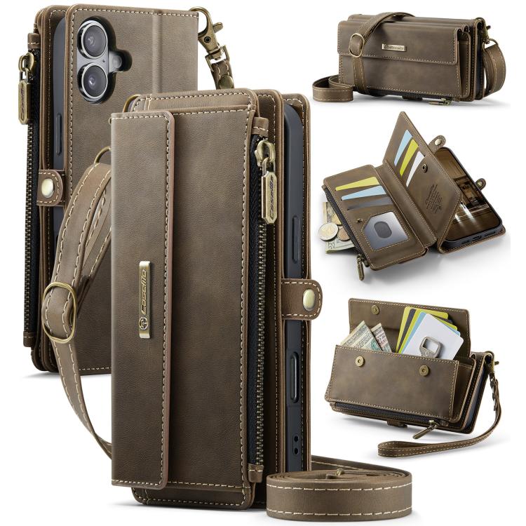

For iPhone 17 CaseMe C39 RFID Blocking Zipper Wallet Leather Phone Case with Crossbody Strap(Coffee)