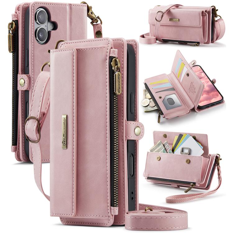 

For iPhone 17 CaseMe C39 RFID Blocking Zipper Wallet Leather Phone Case with Crossbody Strap(Pink)