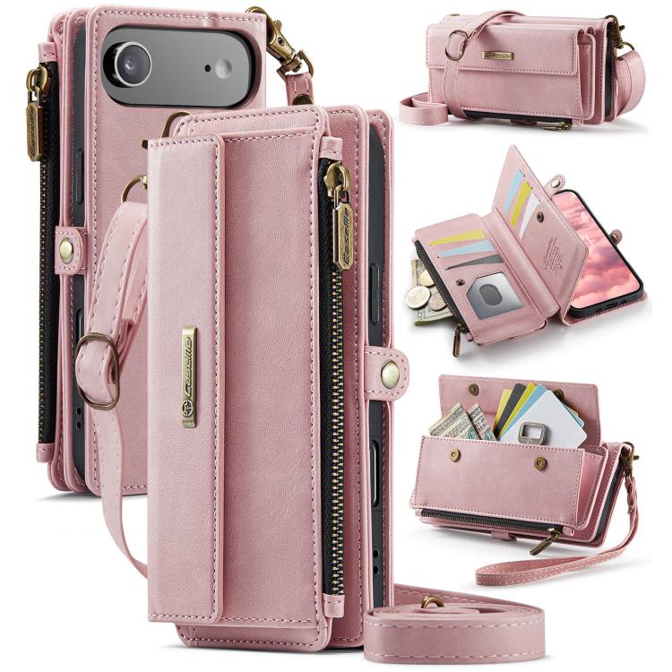 

For iPhone Air CaseMe C39 RFID Blocking Zipper Wallet Leather Phone Case with Crossbody Strap(Pink)