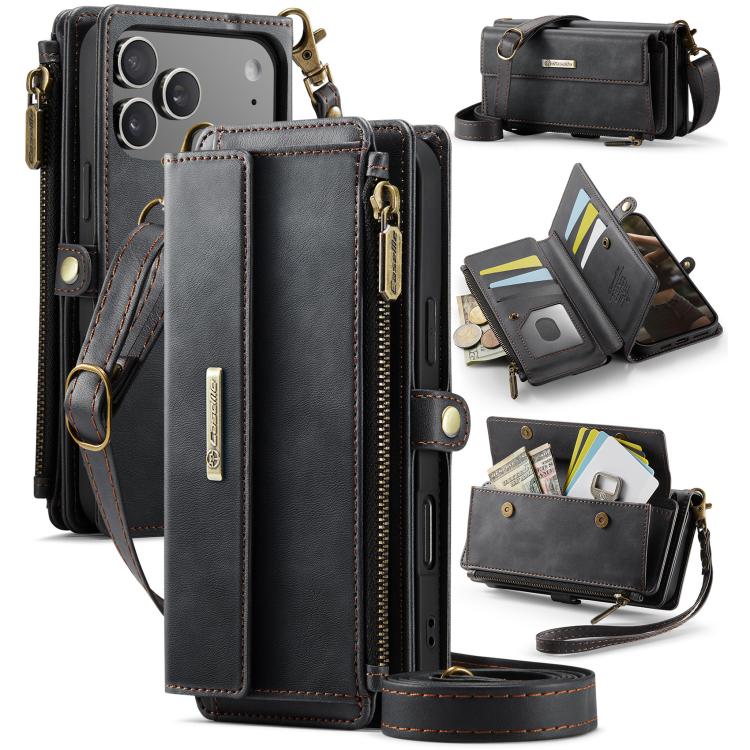 

For iPhone 17 Pro Max CaseMe C39 RFID Blocking Zipper Wallet Leather Phone Case with Crossbody Strap(Black)