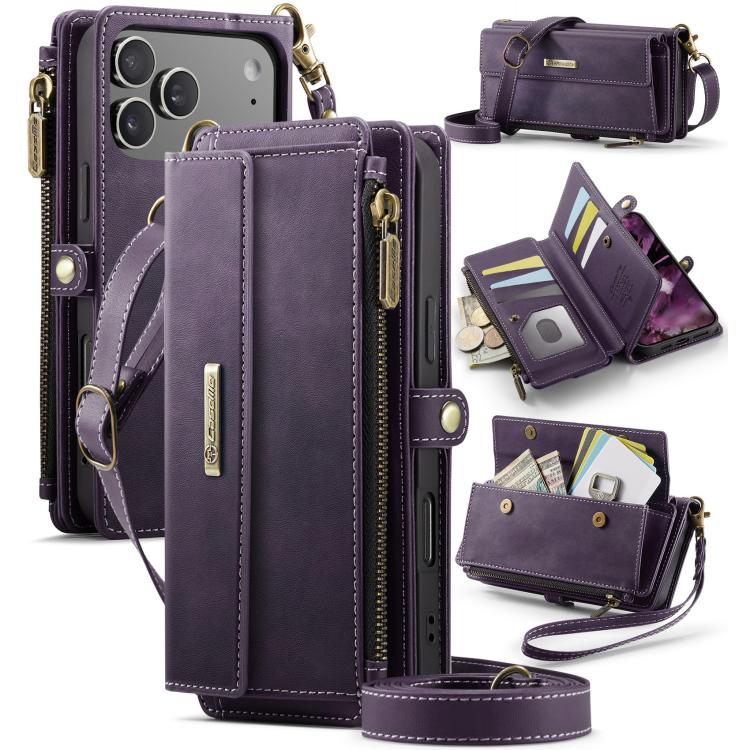 

For iPhone 17 Pro Max CaseMe C39 RFID Blocking Zipper Wallet Leather Phone Case with Crossbody Strap(Purple)