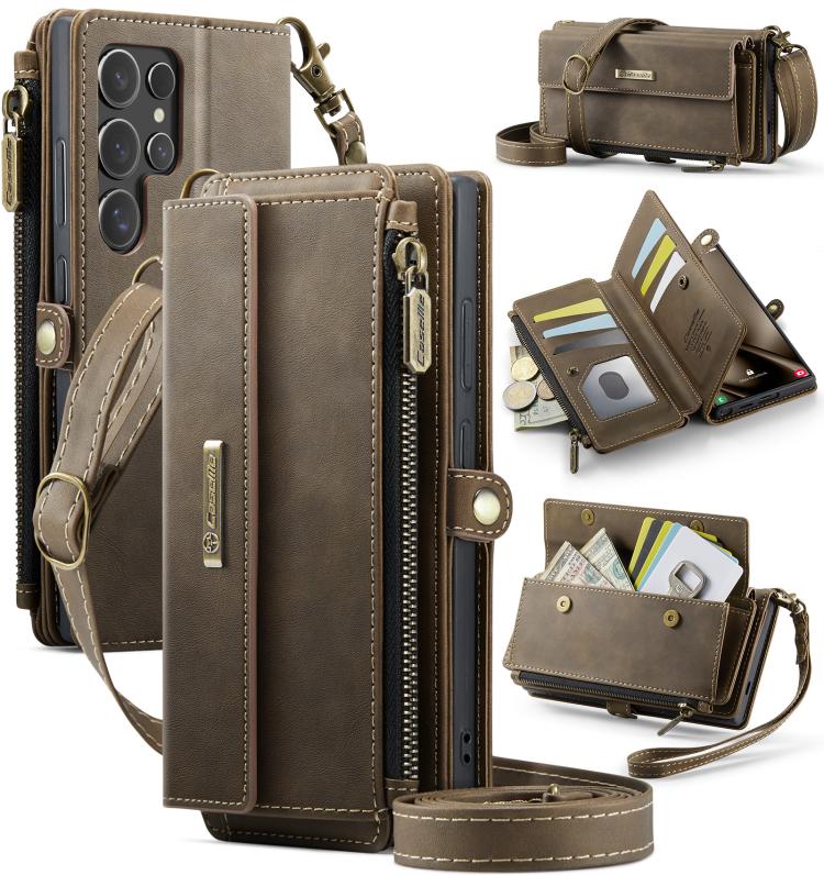 

For Samsung Galaxy S25 Ultra 5G CaseMe C39 RFID Blocking Zipper Wallet Leather Phone Case with Crossbody Strap(Coffee)