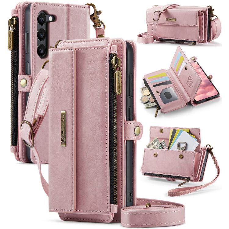 

For Samsung Galaxy S23 5G CaseMe C39 RFID Blocking Zipper Wallet Leather Phone Case with Crossbody Strap(Pink)
