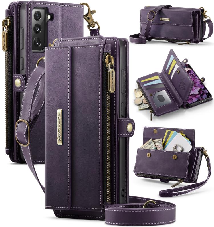 

For Samsung Galaxy S21 FE 5G CaseMe C39 RFID Blocking Zipper Wallet Leather Phone Case with Crossbody Strap(Purple)