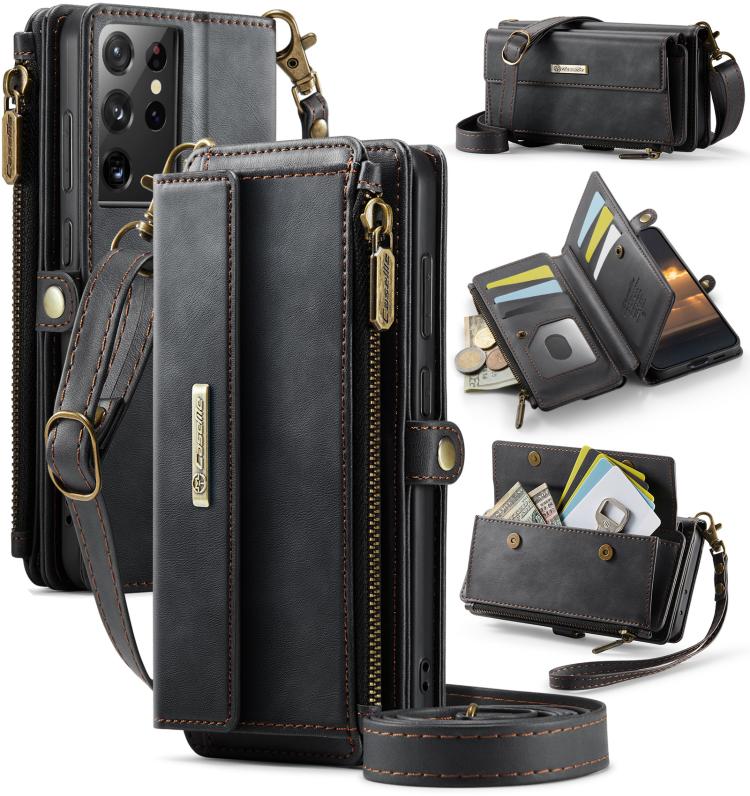 

For Samsung Galaxy S21 Ultra 5G CaseMe C39 RFID Blocking Zipper Wallet Leather Phone Case with Crossbody Strap(Black)