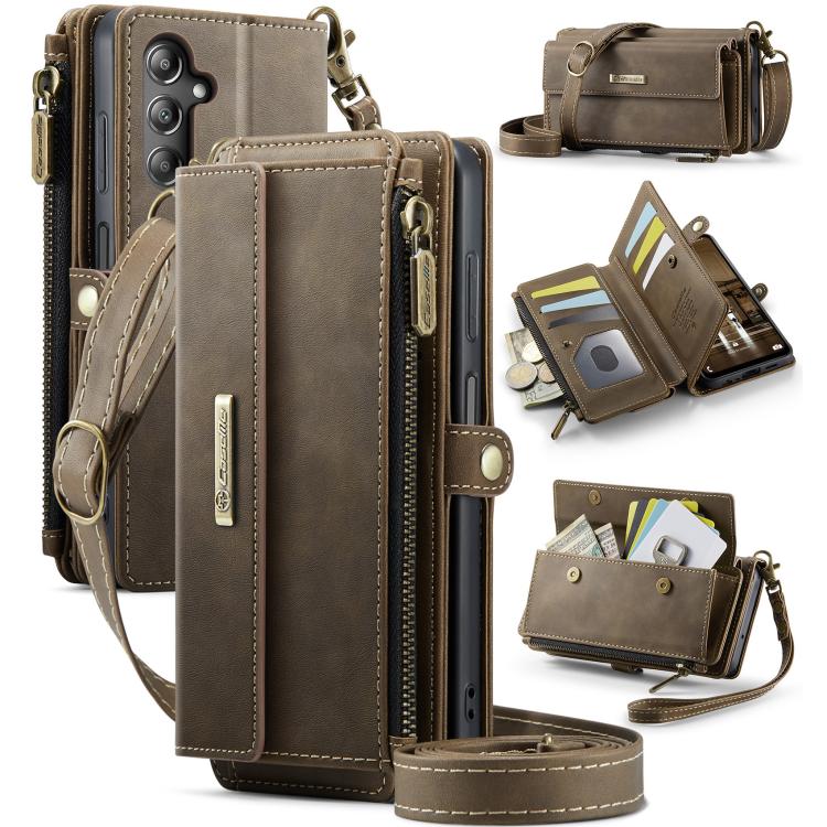 For Samsung Galaxy A14 CaseMe C39 RFID Blocking Zipper Wallet Leather Phone Case with Crossbody Strap(Coffee)