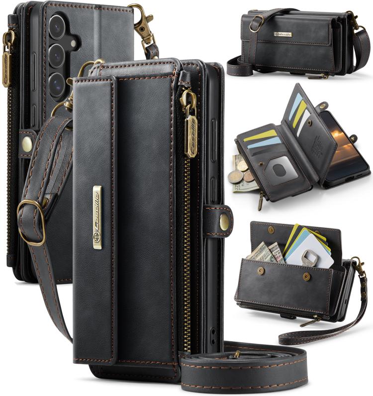 

For Samsung Galaxy S25 FE 5G CaseMe C39 RFID Blocking Zipper Wallet Leather Phone Case with Crossbody Strap(Black)
