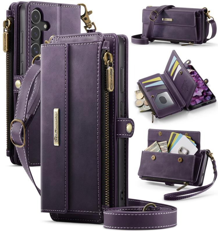 

For Samsung Galaxy S25 FE 5G CaseMe C39 RFID Blocking Zipper Wallet Leather Phone Case with Crossbody Strap(Purple)