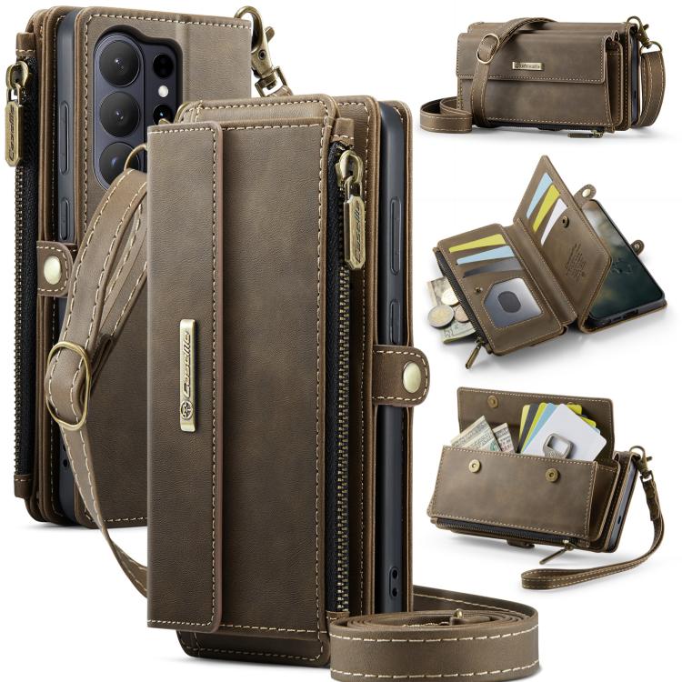 

For Samsung Galaxy S26 Ultra 5G CaseMe C39 RFID Blocking Zipper Wallet Leather Phone Case with Crossbody Strap(Coffee)
