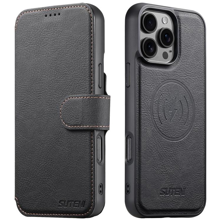 

For iPhone 16 Pro Max Suteni Q05 2-in-1 Multi-function MagSafe Wallet Litchi Leather Phone Case(Black)