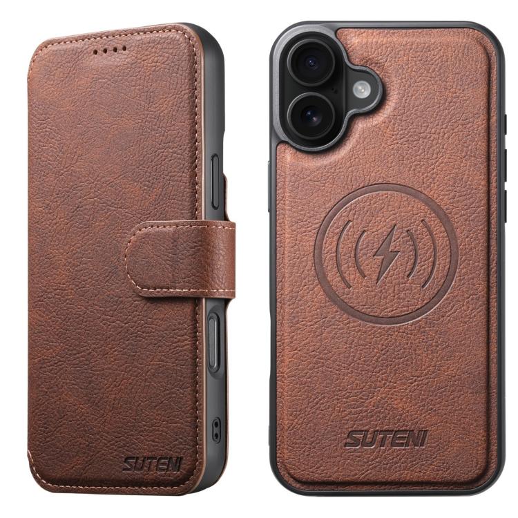 

For iPhone 16 Plus Suteni Q05 2-in-1 Multi-function MagSafe Wallet Litchi Leather Phone Case(Brown)