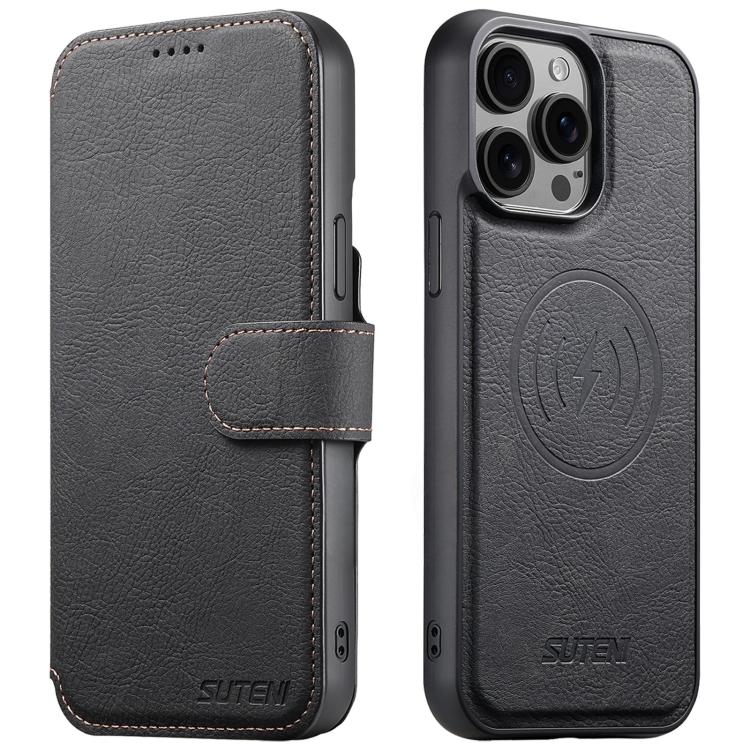 

For iPhone 15 Pro Max Suteni Q05 2-in-1 Multi-function MagSafe Wallet Litchi Leather Phone Case(Black)
