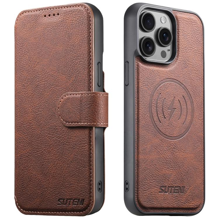 For iPhone 15 Pro Max Suteni Q05 2-in-1 Multi-function MagSafe Wallet Litchi Leather Phone Case(Brown)