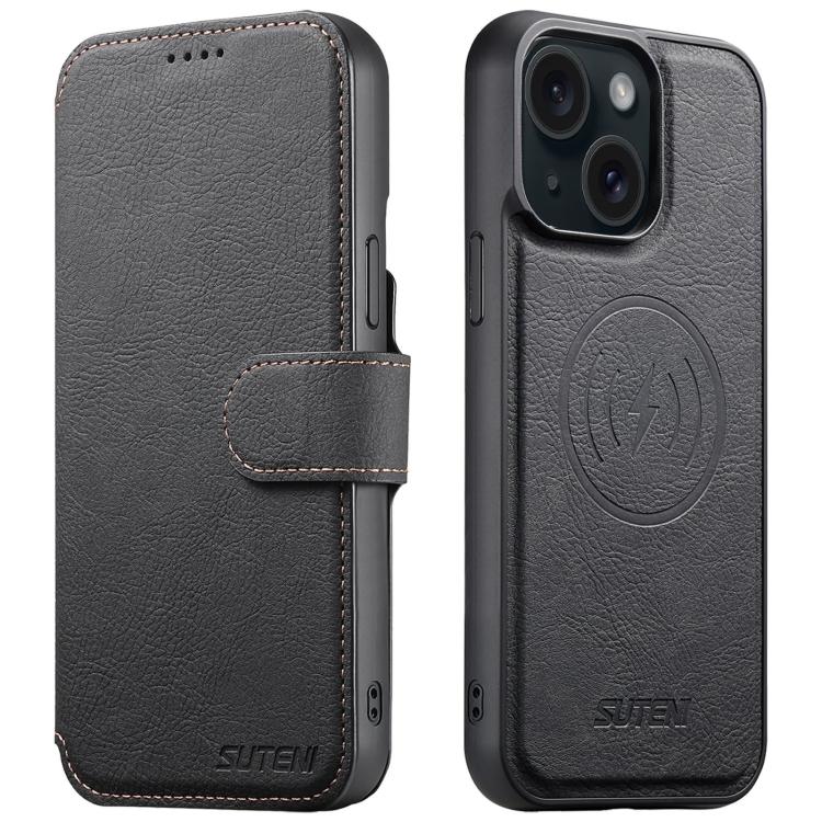 

For iPhone 14 Suteni Q05 2-in-1 Multi-function MagSafe Wallet Litchi Leather Phone Case(Black)
