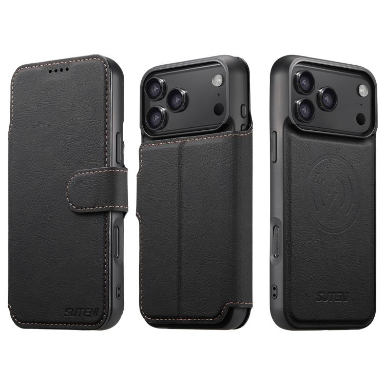 

For iPhone 17 Pro Max Suteni Q05 2-in-1 Multi-function MagSafe Wallet Litchi Leather Phone Case(Black)