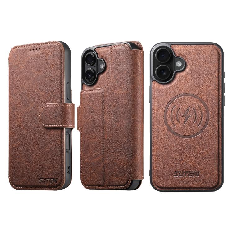 

For iPhone 17 Suteni Q05 2-in-1 Multi-function MagSafe Wallet Litchi Leather Phone Case(Brown)