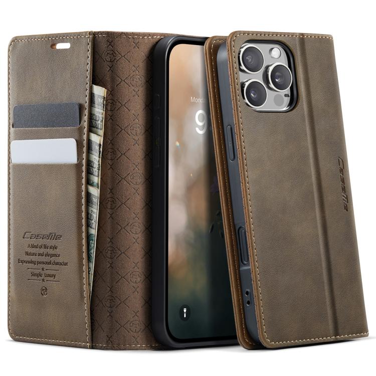 

For iPhone 16 Pro Max CaseMe 033 Calf Leather Lining Microfibre RFID Blocking Phone Case(Coffee)