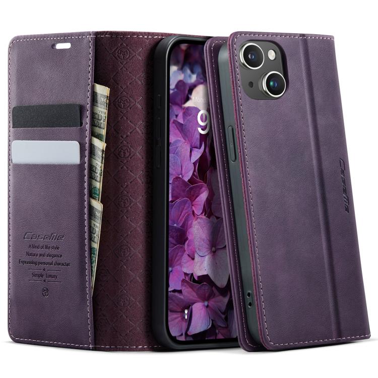 

For iPhone 15 CaseMe 033 Calf Leather Lining Microfibre RFID Blocking Phone Case(Purple)