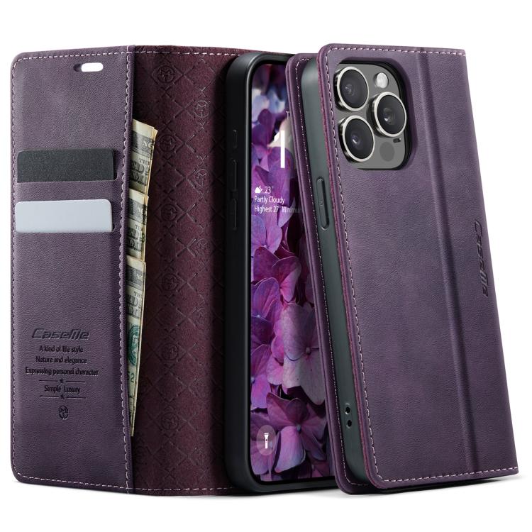 

For iPhone 15 Pro CaseMe 033 Calf Leather Lining Microfibre RFID Blocking Phone Case(Purple)