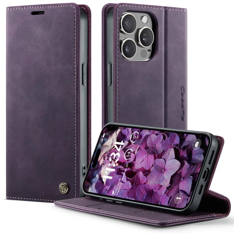 

For iPhone 15 Pro Max CaseMe 033 Calf Leather Lining Microfibre RFID Blocking Phone Case(Purple)