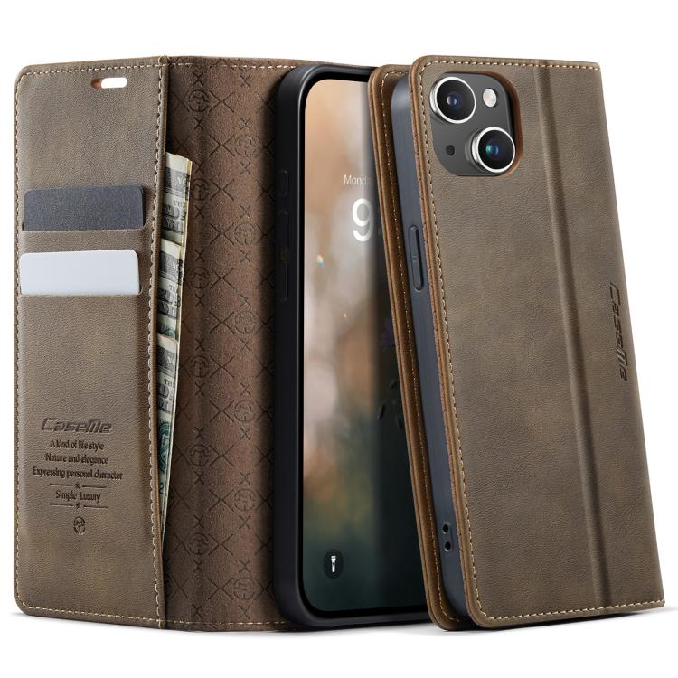 

For iPhone 14 Plus CaseMe 033 Calf Leather Lining Microfibre RFID Blocking Phone Case(Coffee)