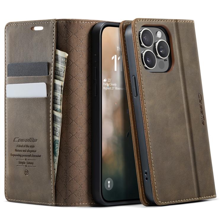 

For iPhone 14 Pro Max CaseMe 033 Calf Leather Lining Microfibre RFID Blocking Phone Case(Coffee)