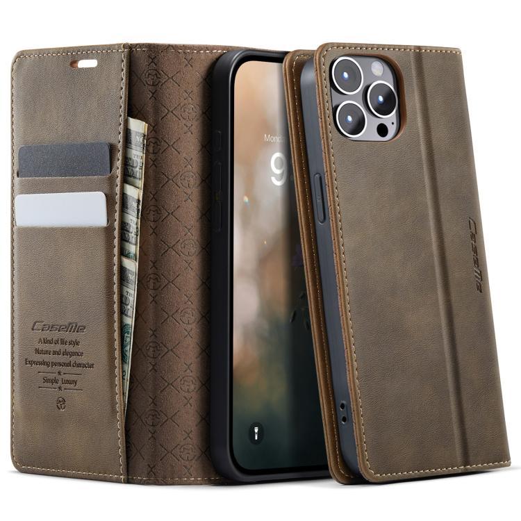 

For iPhone 12 Pro Max CaseMe 033 Calf Leather Lining Microfibre RFID Blocking Phone Case(Coffee)