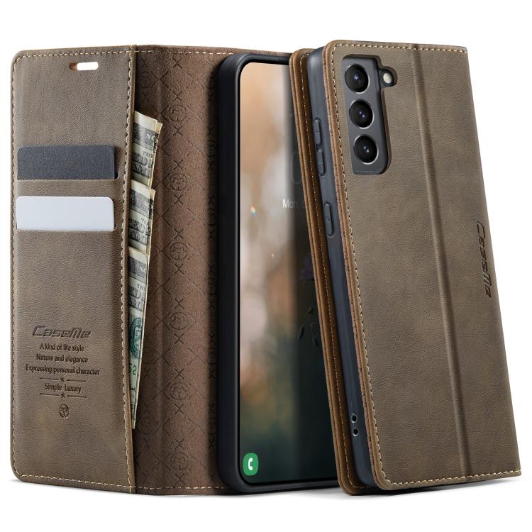 

For Samsung Galaxy S21 FE 5G CaseMe 033 Calf Leather Lining Microfibre RFID Blocking Phone Case(Coffee)