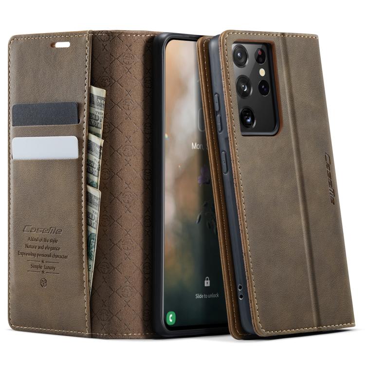 

For Samsung Galaxy S21 Ultra 5G CaseMe 033 Calf Leather Lining Microfibre RFID Blocking Phone Case(Coffee)