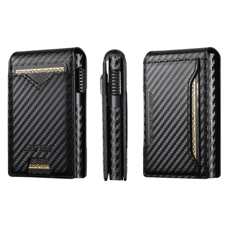 

The Suteni carbon fiber pattern button automatically pops out the veneered printed card box(Black)