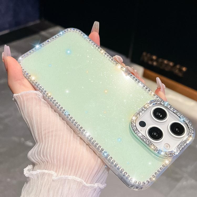 

For iPhone 16 Pro Max Rhinestone Glitter TPU 4-corners Anti-fall Phone Case(Light Green)