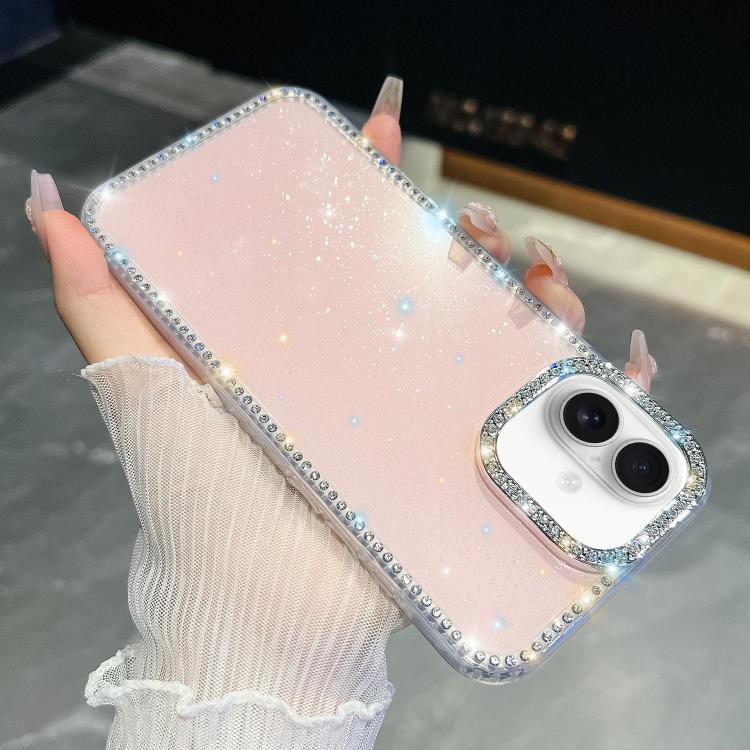 

For iPhone 16 Rhinestone Glitter TPU 4-corners Anti-fall Phone Case(Light Pink)