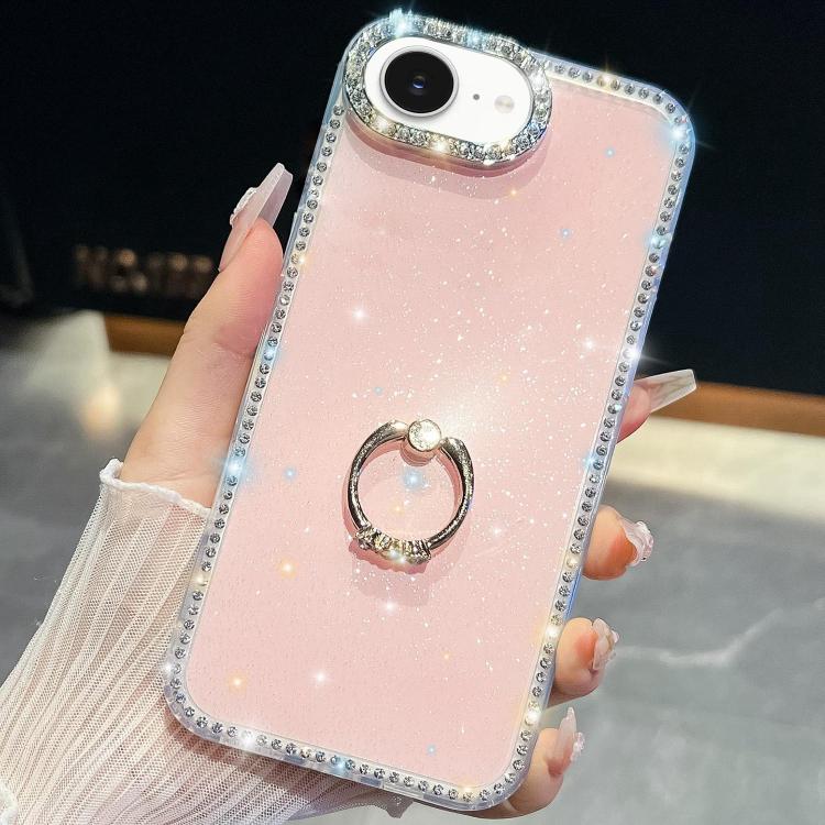 

For iPhone 16e Rhinestone Glitter TPU Ring Holder Anti-fall Phone Case(Light Pink)