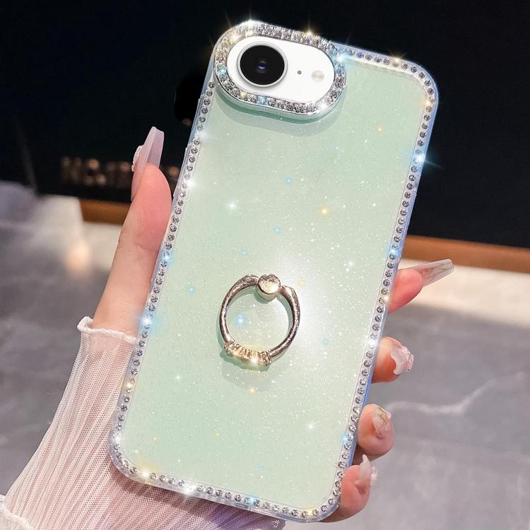 

For iPhone 16e Rhinestone Glitter TPU Ring Holder Anti-fall Phone Case(Light Green)