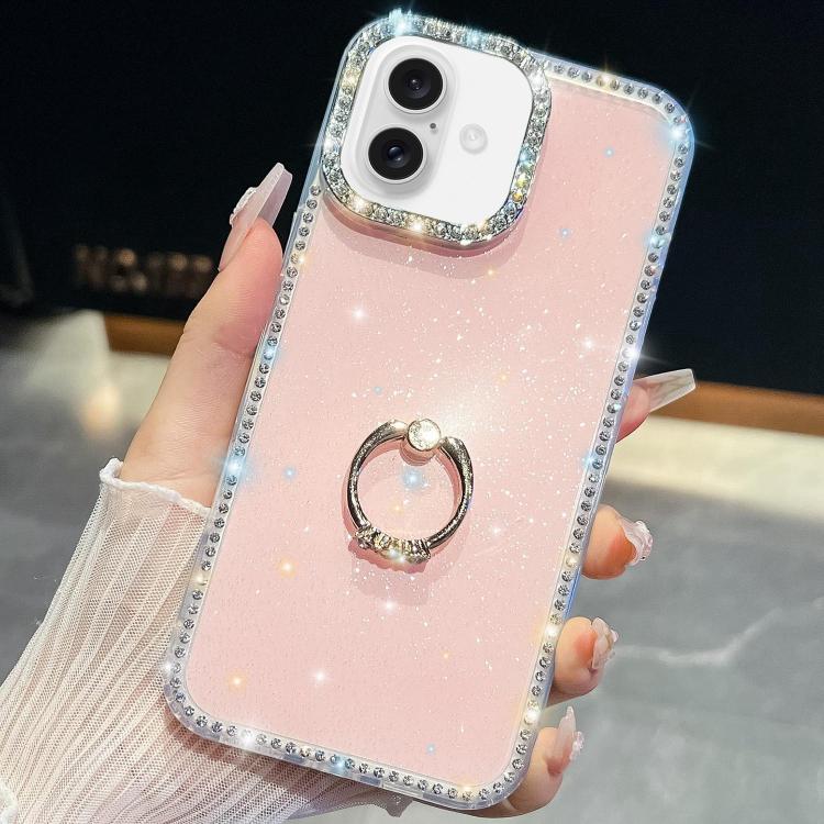 

For iPhone 16 Plus Rhinestone Glitter TPU Ring Holder Anti-fall Phone Case(Light Pink)