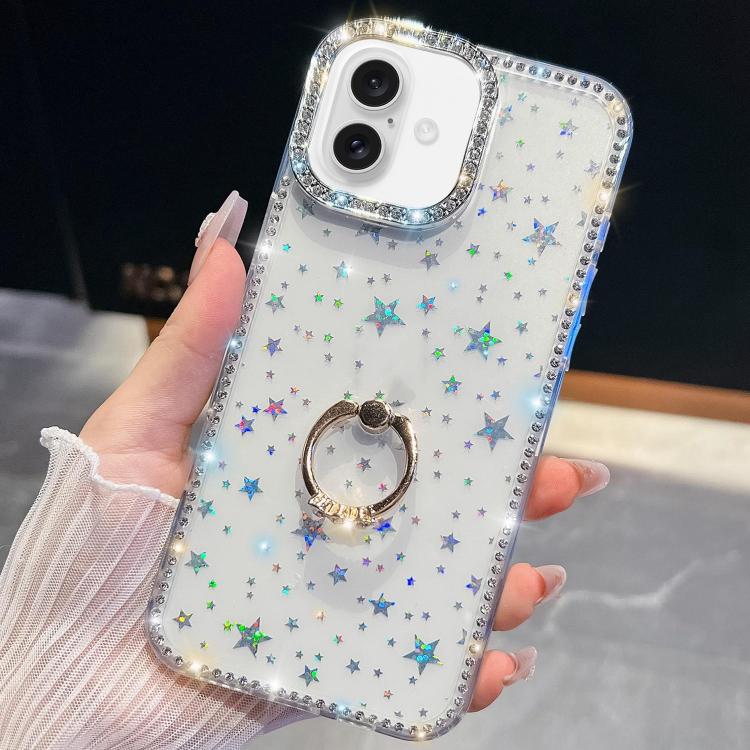 

For iPhone 16 Plus Rhinestone Glitter TPU Ring Holder Anti-fall Phone Case(Transparent Stars)