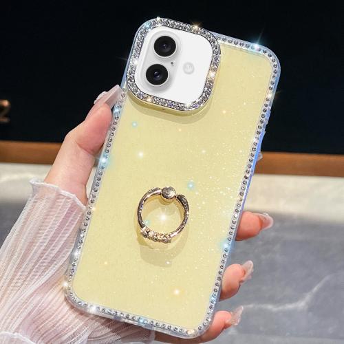 

For iPhone 16 Rhinestone Glitter TPU Ring Holder Anti-fall Phone Case(Light Yellow)
