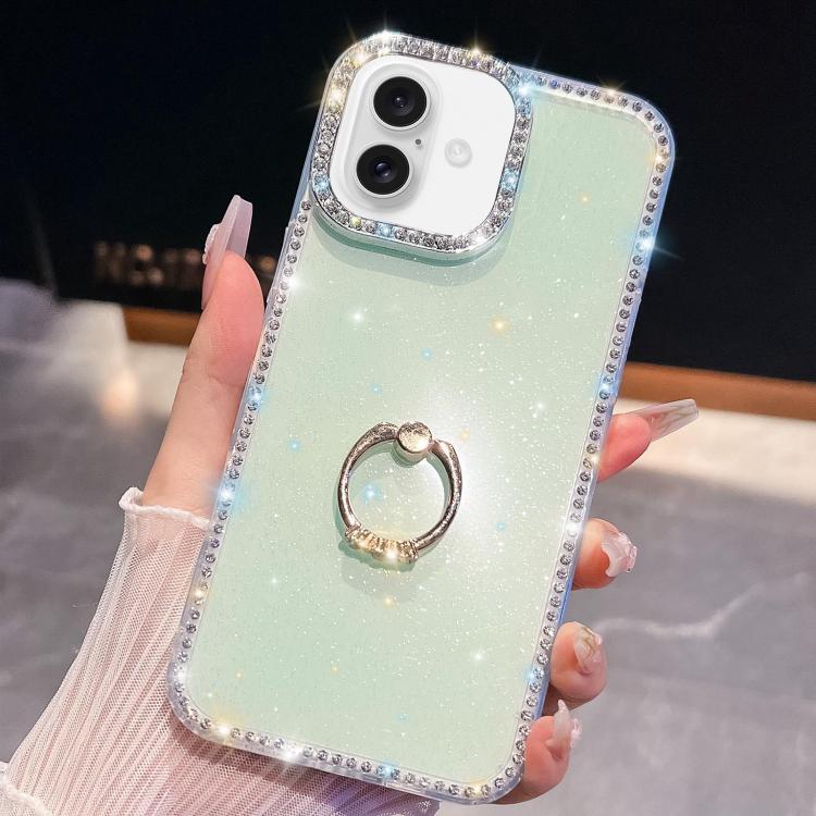 

For iPhone 16 Rhinestone Glitter TPU Ring Holder Anti-fall Phone Case(Light Green)