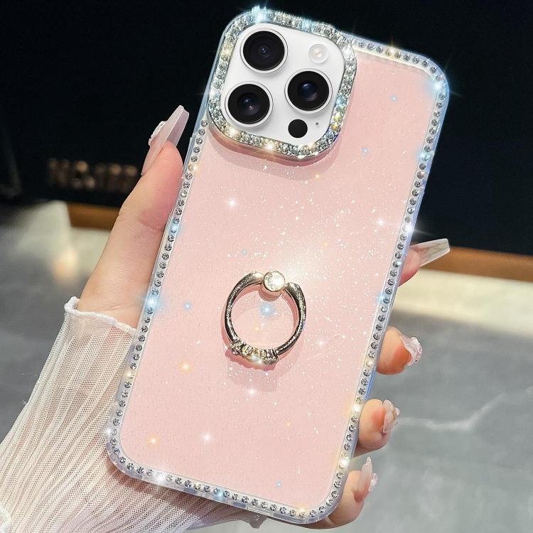 

For iPhone 15 Pro Max Rhinestone Glitter TPU Ring Holder Anti-fall Phone Case(Light Pink)
