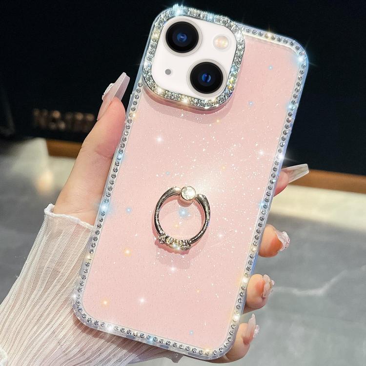 

For iPhone 15 Rhinestone Glitter TPU Ring Holder Anti-fall Phone Case(Light Pink)