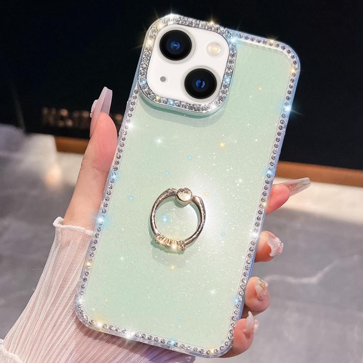 

For iPhone 15 Rhinestone Glitter TPU Ring Holder Anti-fall Phone Case(Light Green)