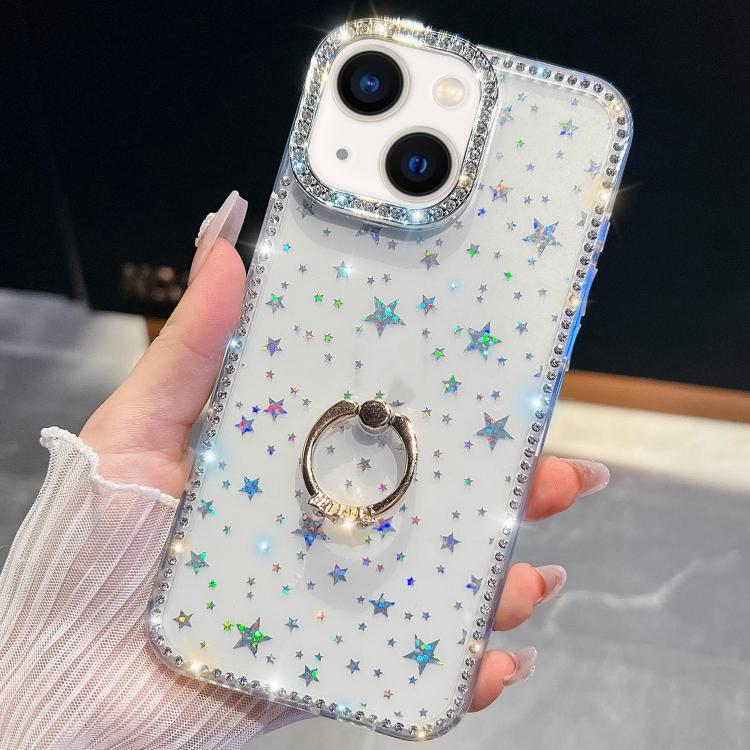 

For iPhone 15 Rhinestone Glitter TPU Ring Holder Anti-fall Phone Case(Transparent Stars)