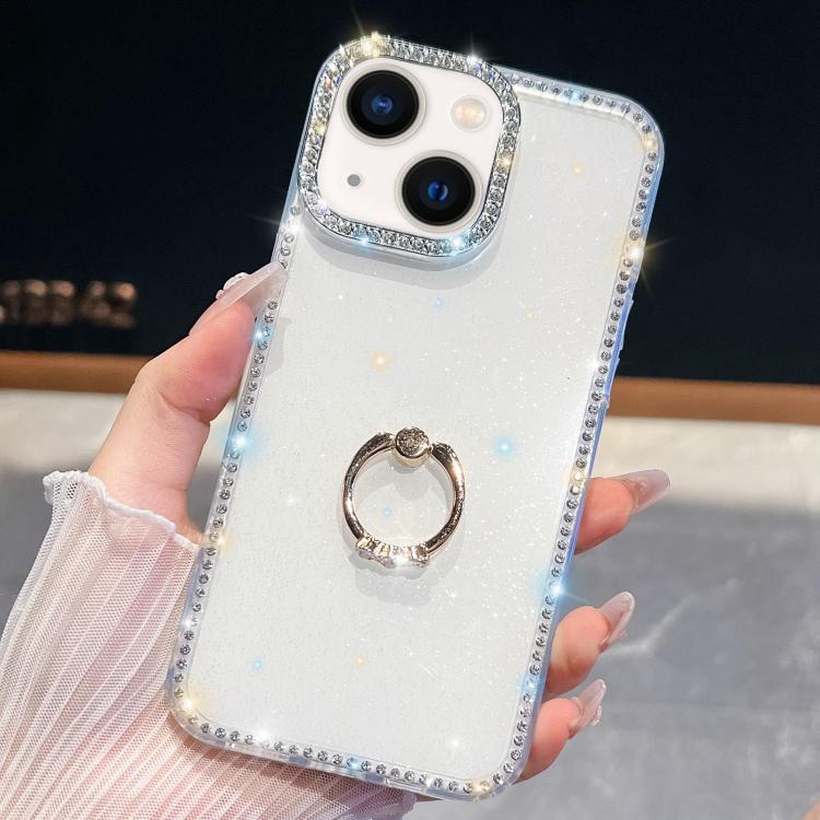 

For iPhone 13 Rhinestone Glitter TPU Ring Holder Anti-fall Phone Case(White)