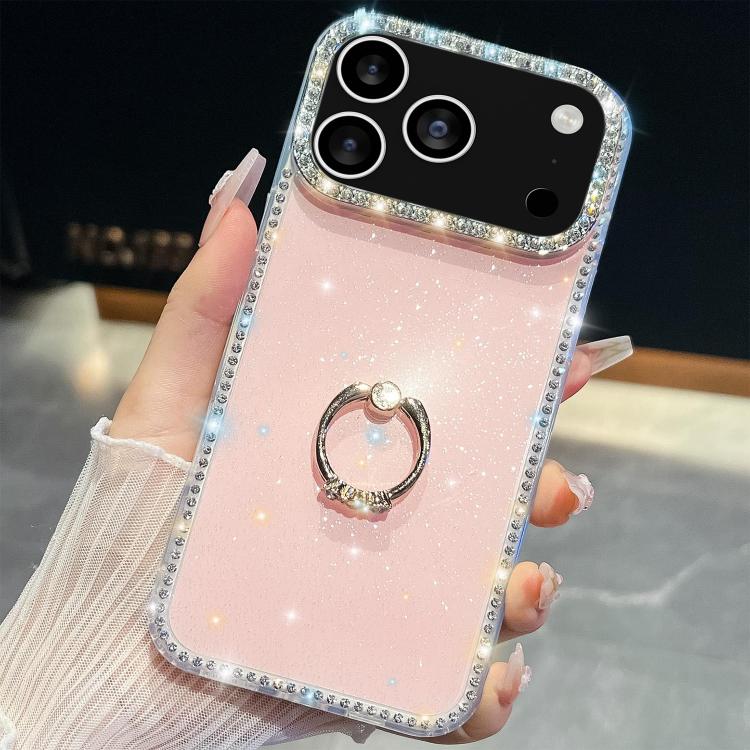 

For iPhone 17 Pro Max Rhinestone Glitter TPU Ring Holder Anti-fall Phone Case(Light Pink)