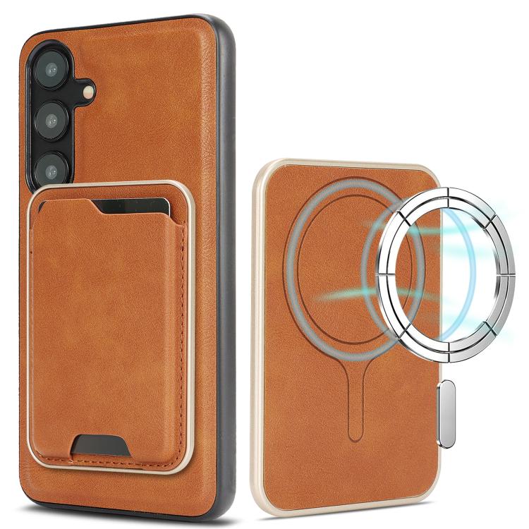 

For Samsung Galaxy S25 5G Kalebol Slim MagSafe Ring Magnetic Card Bag Leather Phone Case(Brown)