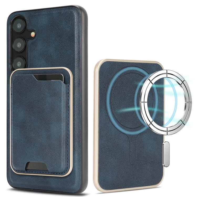

For Samsung Galaxy S25 5G Kalebol Slim MagSafe Ring Magnetic Card Bag Leather Phone Case(Blue)