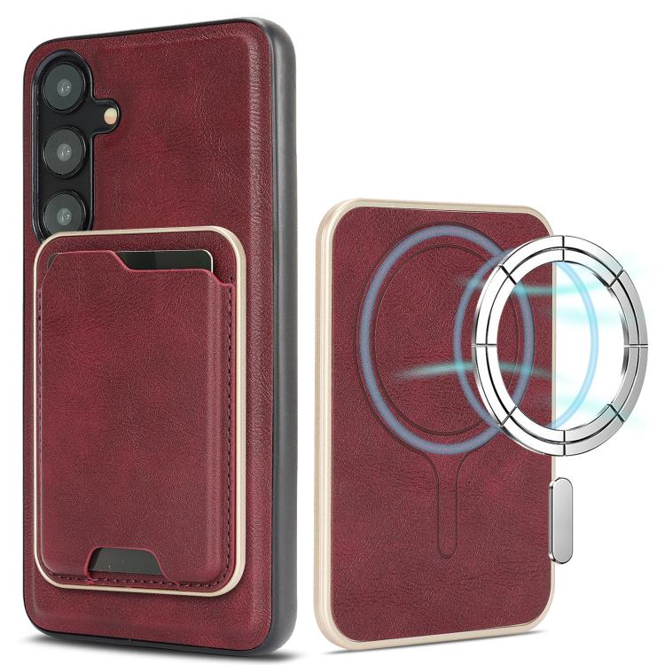 

For Samsung Galaxy S25+ 5G Kalebol Slim MagSafe Ring Magnetic Card Bag Leather Phone Case(Red)
