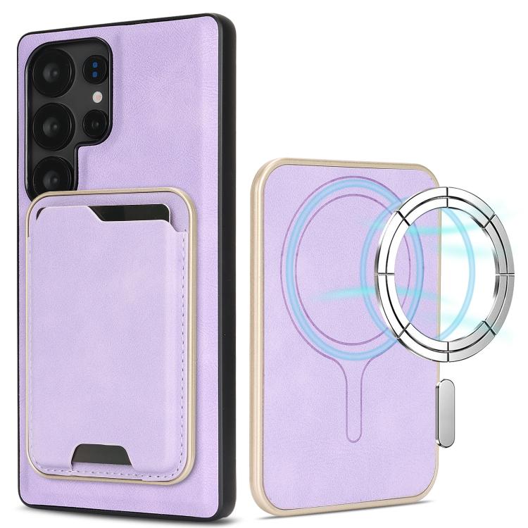 

For Samsung Galaxy S25 Ultra 5G Kalebol Slim MagSafe Ring Magnetic Card Bag Leather Phone Case(Purple)