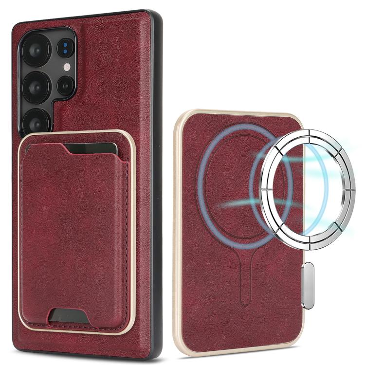 

For Samsung Galaxy S24 Ultra 5G Kalebol Slim MagSafe Ring Magnetic Card Bag Leather Phone Case(Red)
